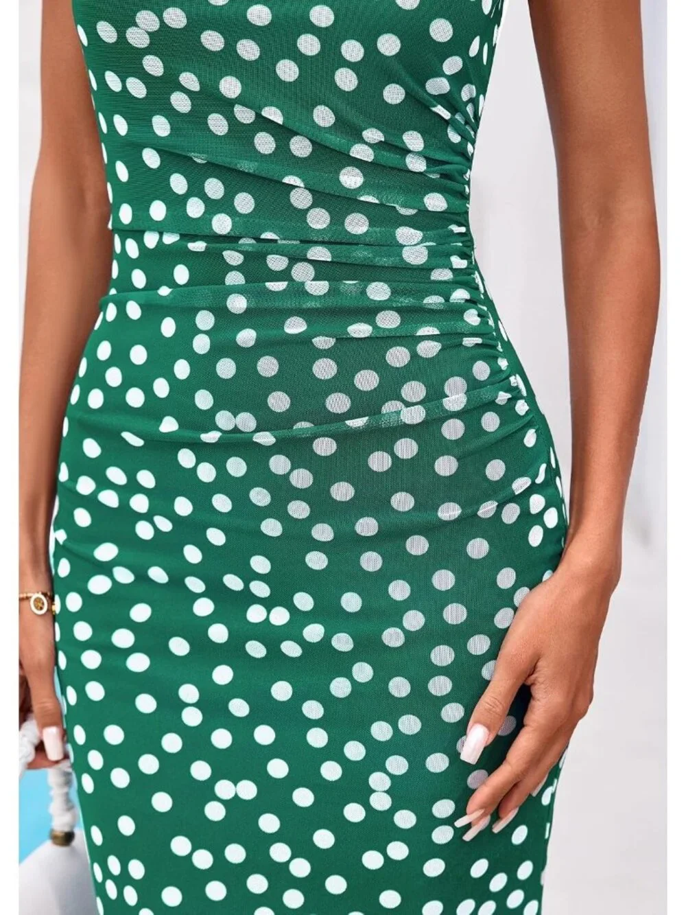 Women's Dot Green Polyester Elastane Mesh Sleeveless Bodycon Long Maxi Dress - Picture 5 of 6